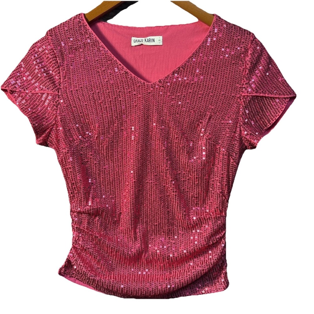 Grace Karin‎ Sequin Shirt Women's Size Small Rose Red Lined Slimming Elegant